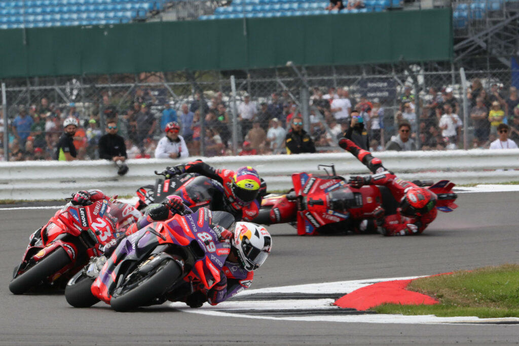 Jorge Martín (#89), Enea Bastianini (#23), Aleix Espargaró (#41) oraz Francesco Bagnaia (#1) podczas Grand Prix Wielkiej Brytanii MotoGP 2024