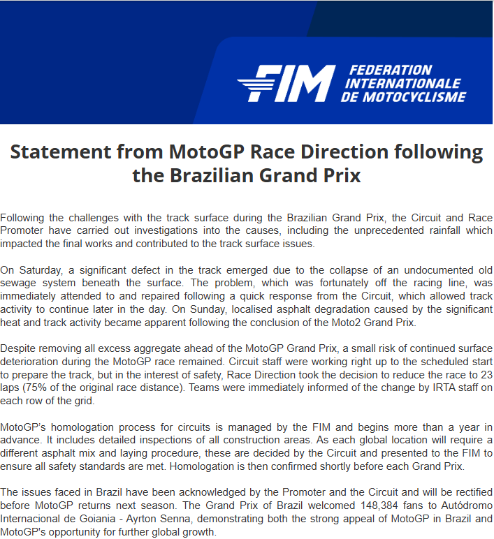 Grand Prix Brazylii MotoGP 2026 oświadczenie FIM