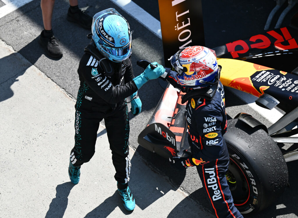 George Russell i Max Verstappen po Grand Prix Kanady 2025.
